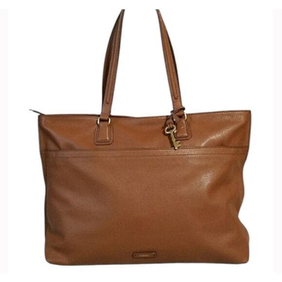 Fossil Womens Julia Brown Pebble Leather Tote Bag Shoulder Bag With Key Charm - Picture 2 of 7